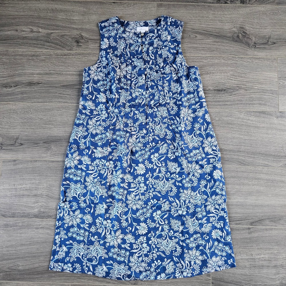J. Jill Love Linen Womens Sleeveless Floral Print Dress XS Blue White Coastal